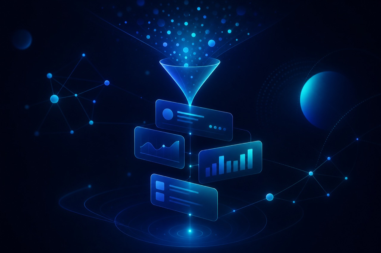 Абстрактная иллюстрация воронки продаж и дашборда CRM из светящихся карточек